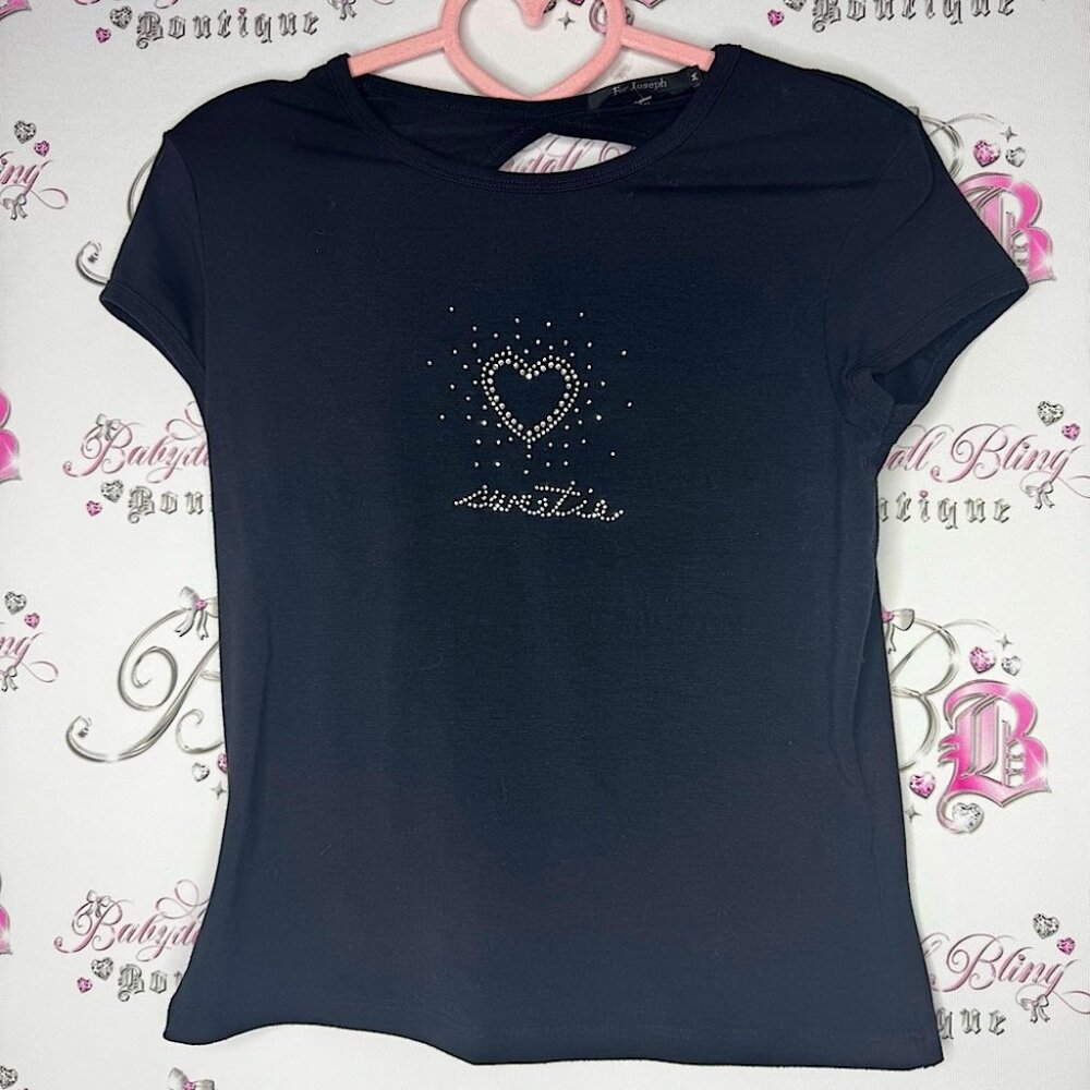 For joseph tee shirt rhinestone crystal bling sweetie black silver keyhole open
